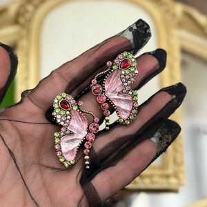 Vintage Butterfly Statement Earrings - Pink, Green & Red Crystal Accents